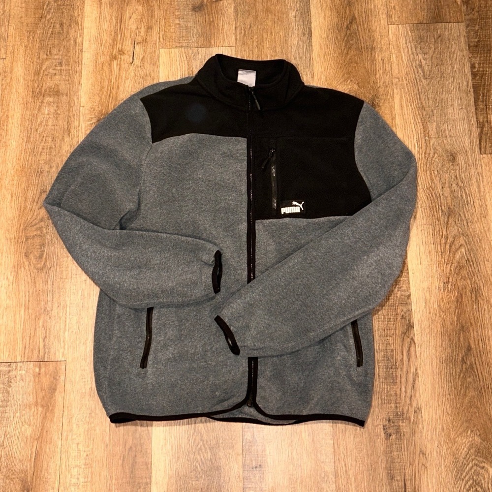 Puma Mens Fleece Jacket Full Zip Grey Black Colorblock Mock Neck Pockets L